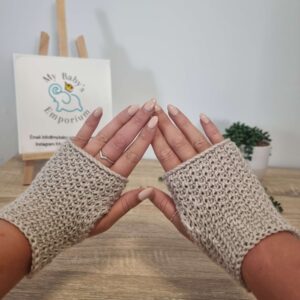 Ladies Fingerless Mitts - Beige, Patterned Fingerless Mitts