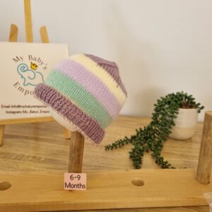 Baby Beanies 6 - 9 Months - green/mauve stripe